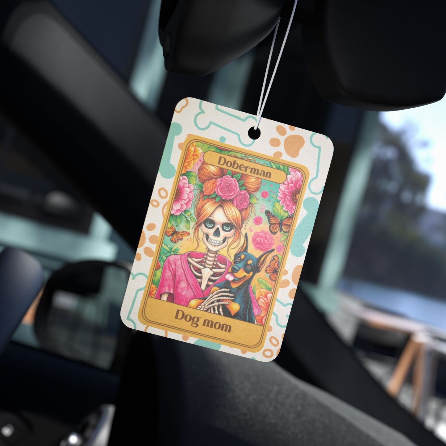 Car Air Freshener - Halloween Skeleton Tarot Card, Dog Mom, Doberman