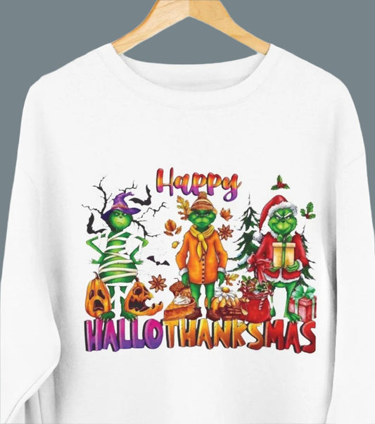 Happy HalloThanksMas Grinchy - Holiday Sweatshirt