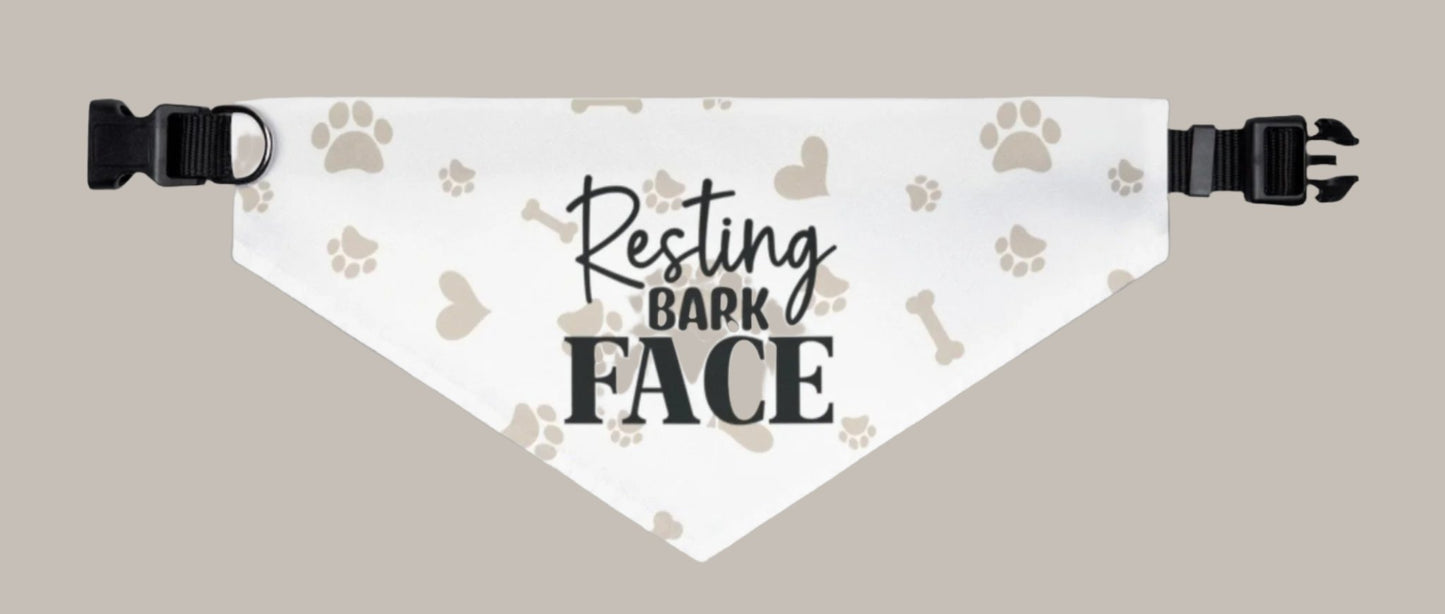 Funny Dog Bandana Collar - Resting Bark Face with bones & hearts print