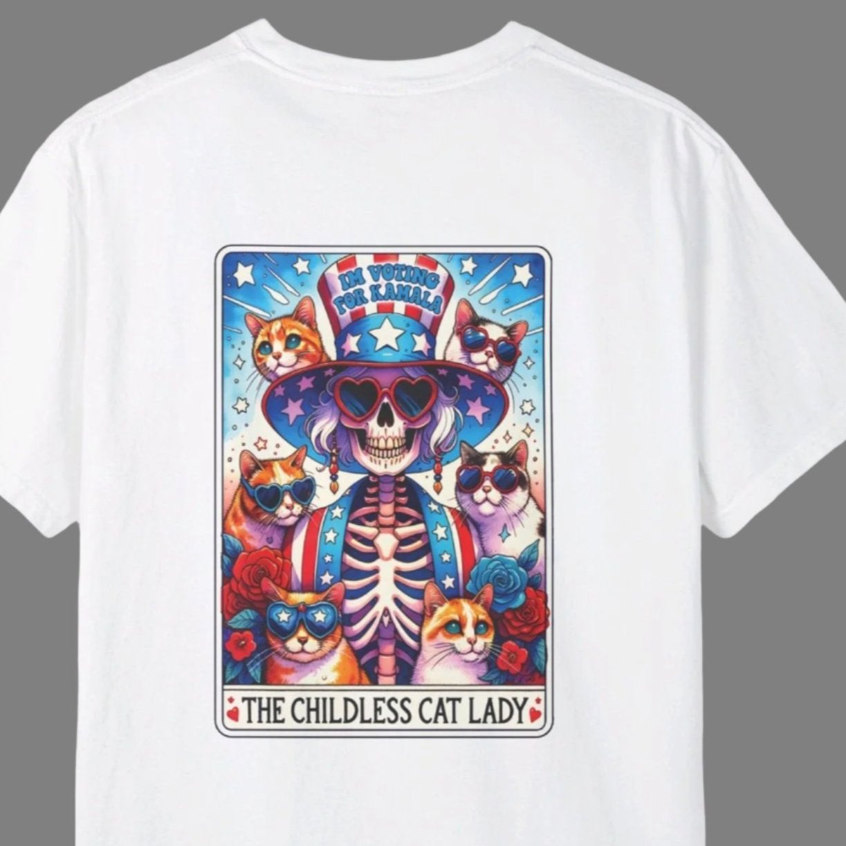 Double-sided Childless Cat Lady Skeleton Tarot Card & Vote - 2024 Election T-shirt