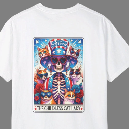 Double-sided Childless Cat Lady Skeleton Tarot Card & Vote - 2024 Election T-shirt