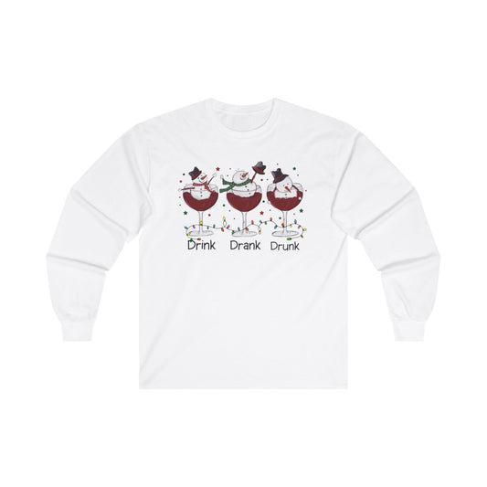 Funny Christmas Wine Snowman Drink, Drank, Drunk - Long Sleeve Tee