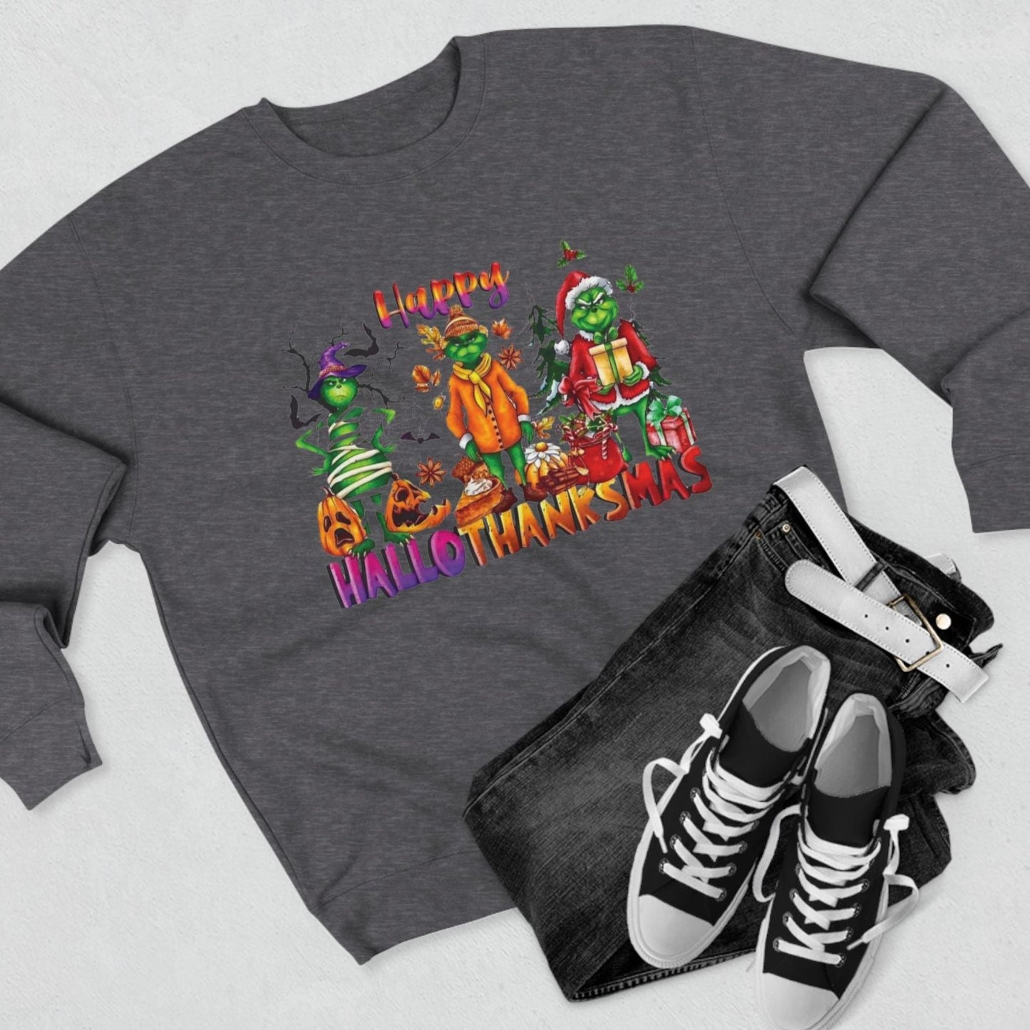 Happy HalloThanksMas Grinchy - Holiday Sweatshirt