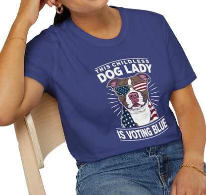 Women's Shirt - This Childless Dog Lady is Voting Blue, 2024 U.S. Presidential Election Vote American Flag T-shirt