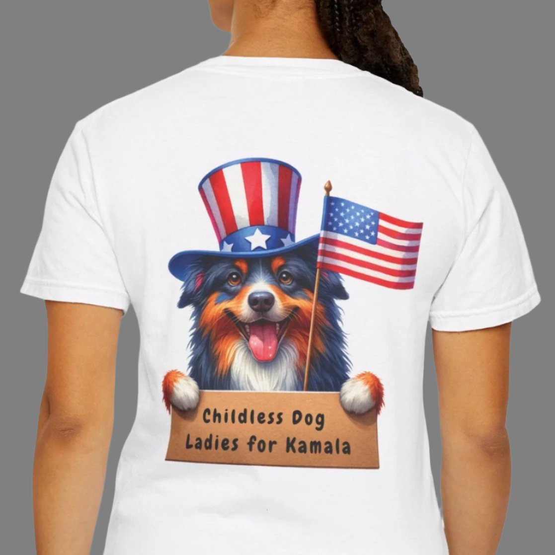 Double-sided Childless Dog Ladies for Kamala with American Flag & Vote - 2024 Election T-shirt