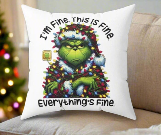 Funny Christmas Lights. I'm Fine. This is Fine. Everything is Fine.  Grinchy Holiday Max Dog Double-Sided Square Pillow