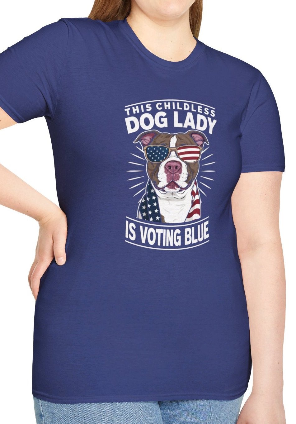 Women's Shirt - This Childless Dog Lady is Voting Blue, 2024 U.S. Presidential Election Vote American Flag T-shirt