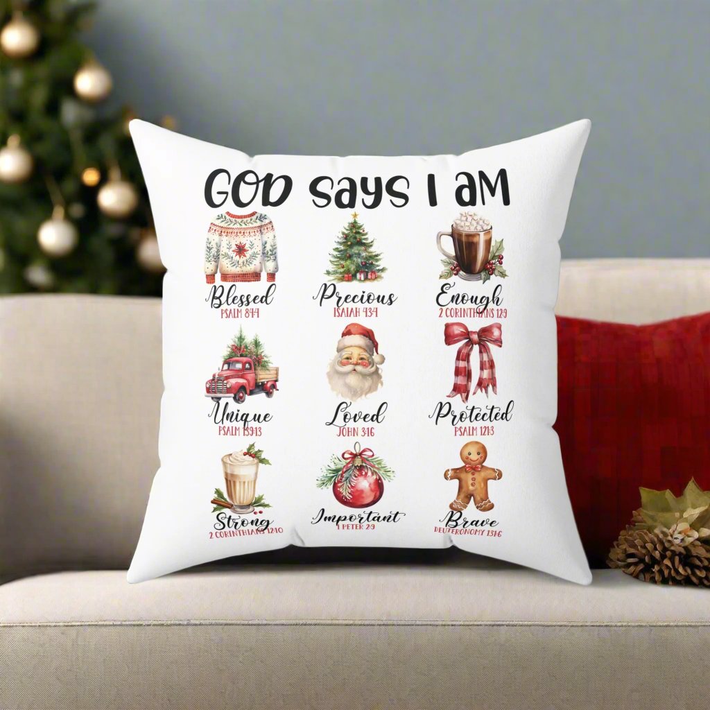 God Says I am - Christmas Holiday Religious Polyester Square Throw Pillow