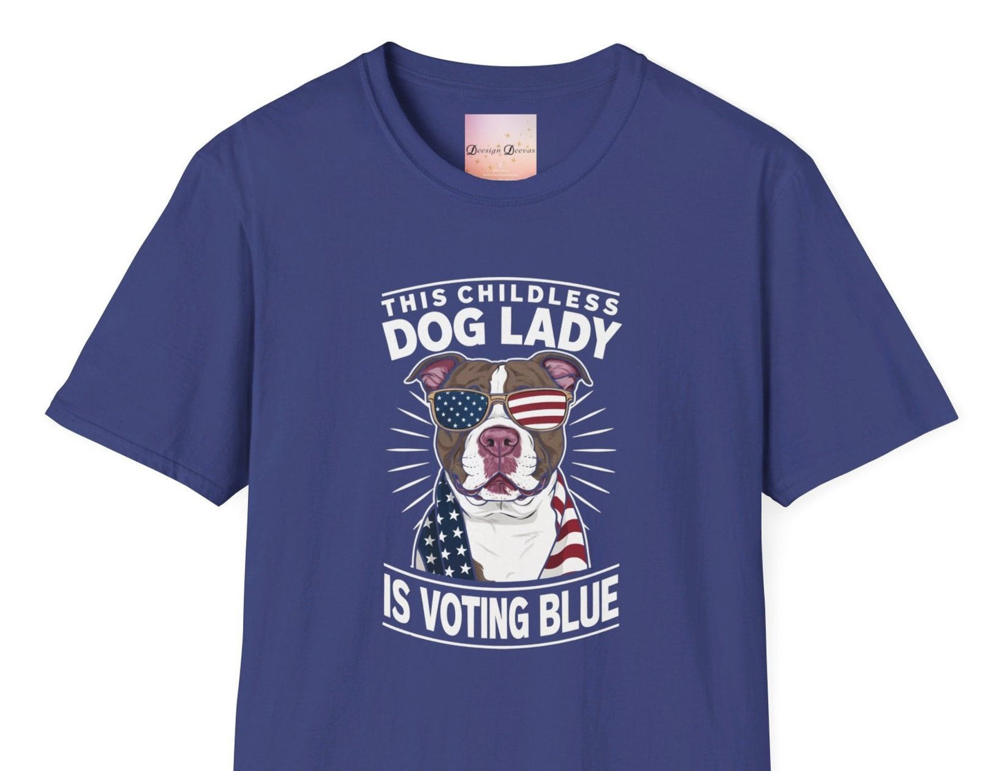 Women's Shirt - This Childless Dog Lady is Voting Blue, 2024 U.S. Presidential Election Vote American Flag T-shirt