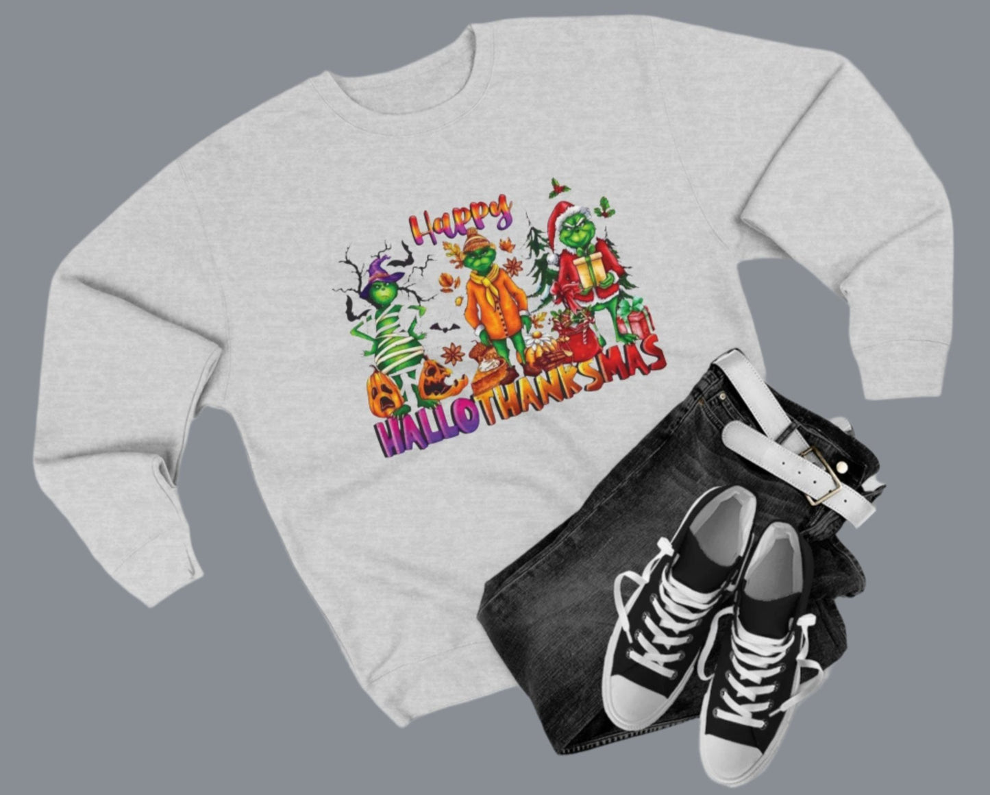 Happy HalloThanksMas Grinchy - Holiday Sweatshirt