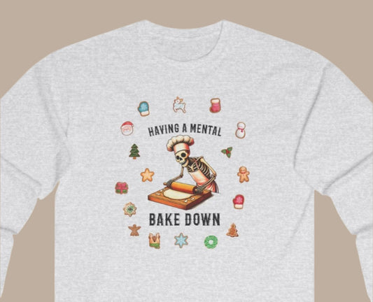 Funny Christmas Cookie, Skeleton Having a Mental Bake Down - Holiday Long Sleeve Tee