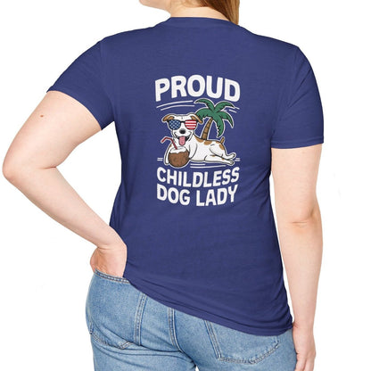 Double-Sided Women's T-shirt - Proud Childless Dog Lady, 2024 U.S. Presidential Election Vote American Flag T-shirt