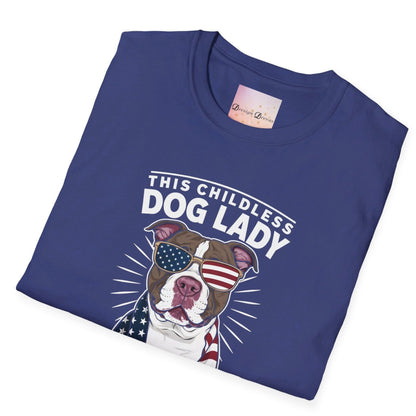 Women's Shirt - This Childless Dog Lady is Voting Blue, 2024 U.S. Presidential Election Vote American Flag T-shirt