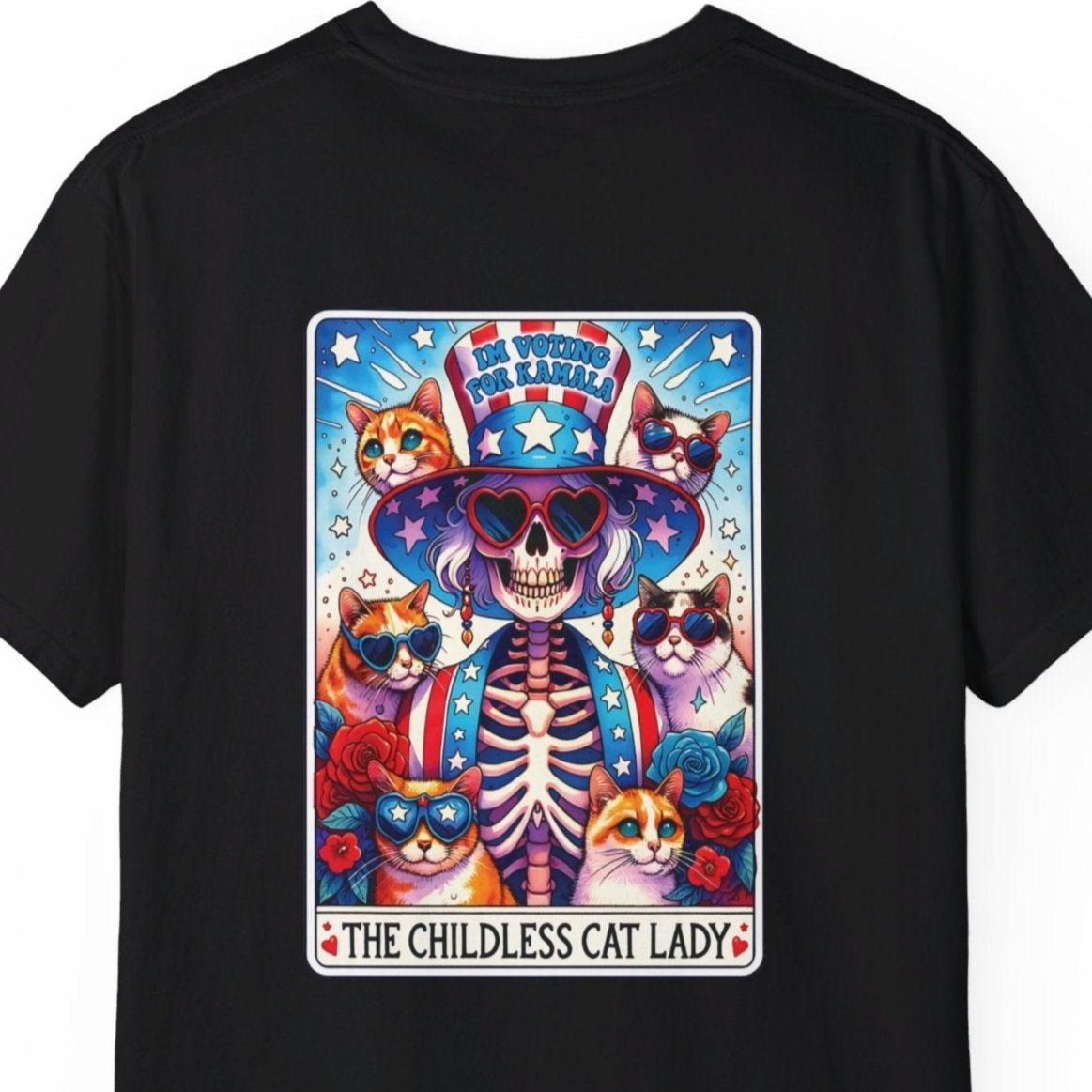 Double-sided Childless Cat Lady Skeleton Tarot Card & Vote - 2024 Election T-shirt