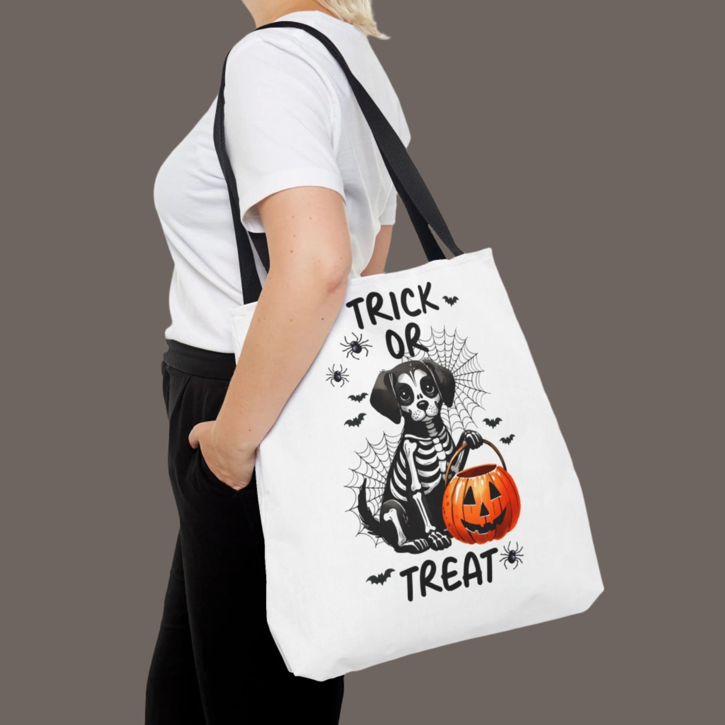 Trick or Treat Halloween Bag with Dog Skeleton & Pumpkin - Tote Bag