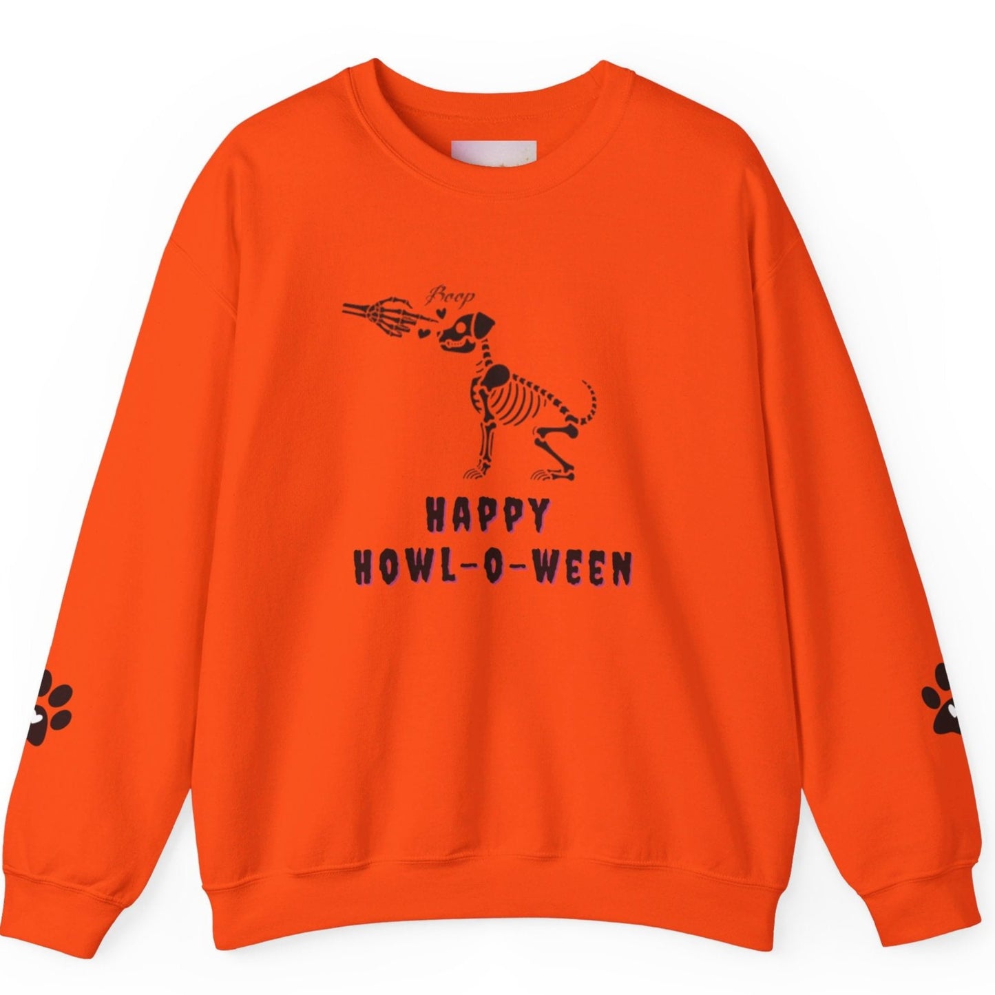 Boop! Happy Howl-O-Ween Dog Skeleton Orange Sweatshirt with Paw Prints on the Sleeves