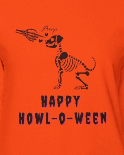 Boop! Happy Howl-O-Ween Dog Skeleton Orange Sweatshirt with Paw Prints on the Sleeves