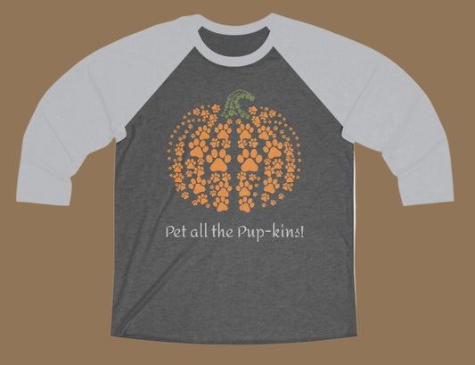 3/4 Sleeve Baseball style t-shirt - Pet all the Pup-kins! - Pumpkin Paw-Print, Fall, Raglan Shirt