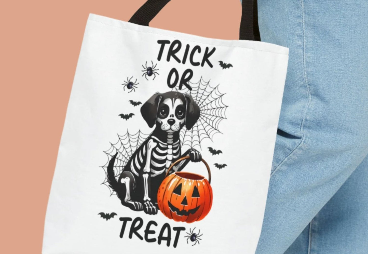 Trick or Treat Halloween Bag with Dog Skeleton & Pumpkin - Tote Bag