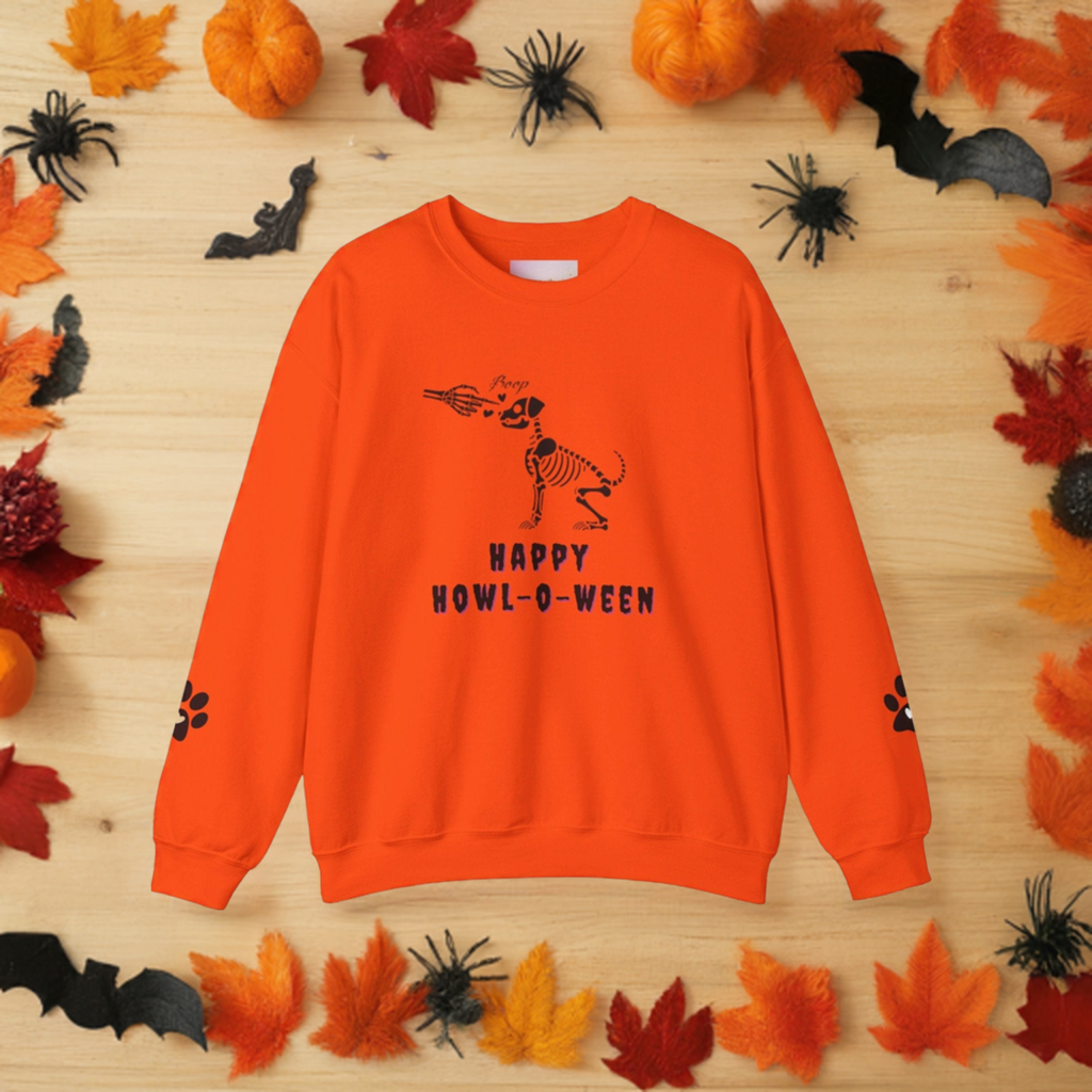 Boop! Happy Howl-O-Ween Dog Skeleton Orange Sweatshirt with Paw Prints on the Sleeves